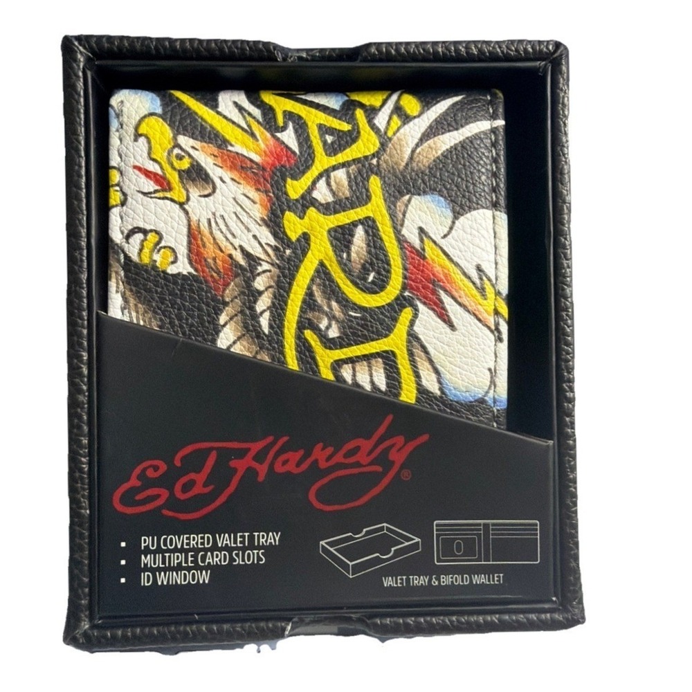 Ed Hardy Men's Black Wallet Bi-fold With Valet Tray PU Leather Eagle Tattoo New